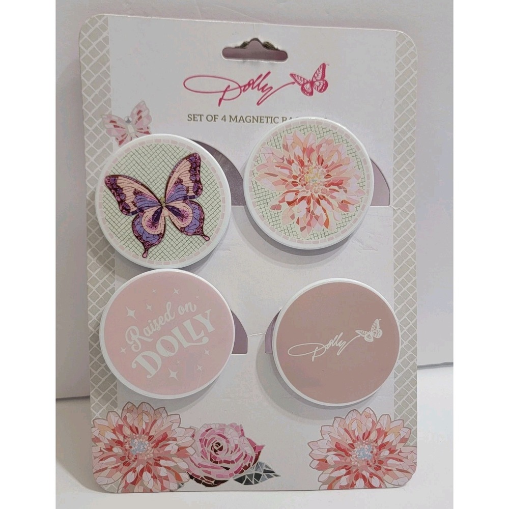 NEW Dolly Parton Set of 4 Magnetic Bag Clips Stained Glass Pink Purp Butterflies